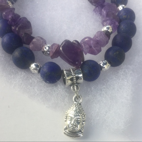 Lapis Lazuli Amethyst Sterling Buddha Bracelet - Picture 6 of 8